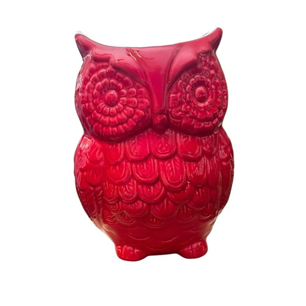 Home-X Red Large Ceramic Owl Kitchen Utensil Holder Caddy Farmhouse Decor NIB